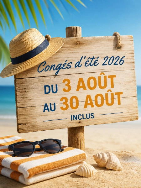 Présentation des dates des congés d'été 2026 de l'entreprise du 3 au 30 août.