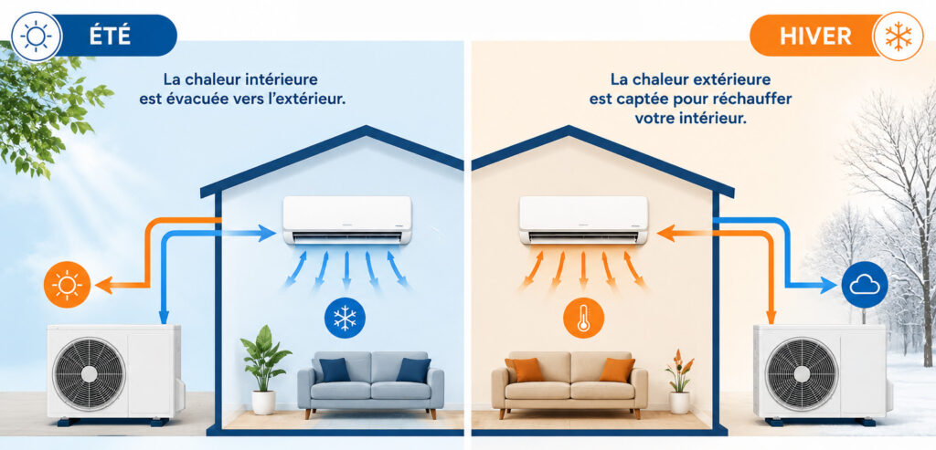 Infographie qui explique le principe de la climatisation ou pompe à chaleur réversible en été et en hiver.